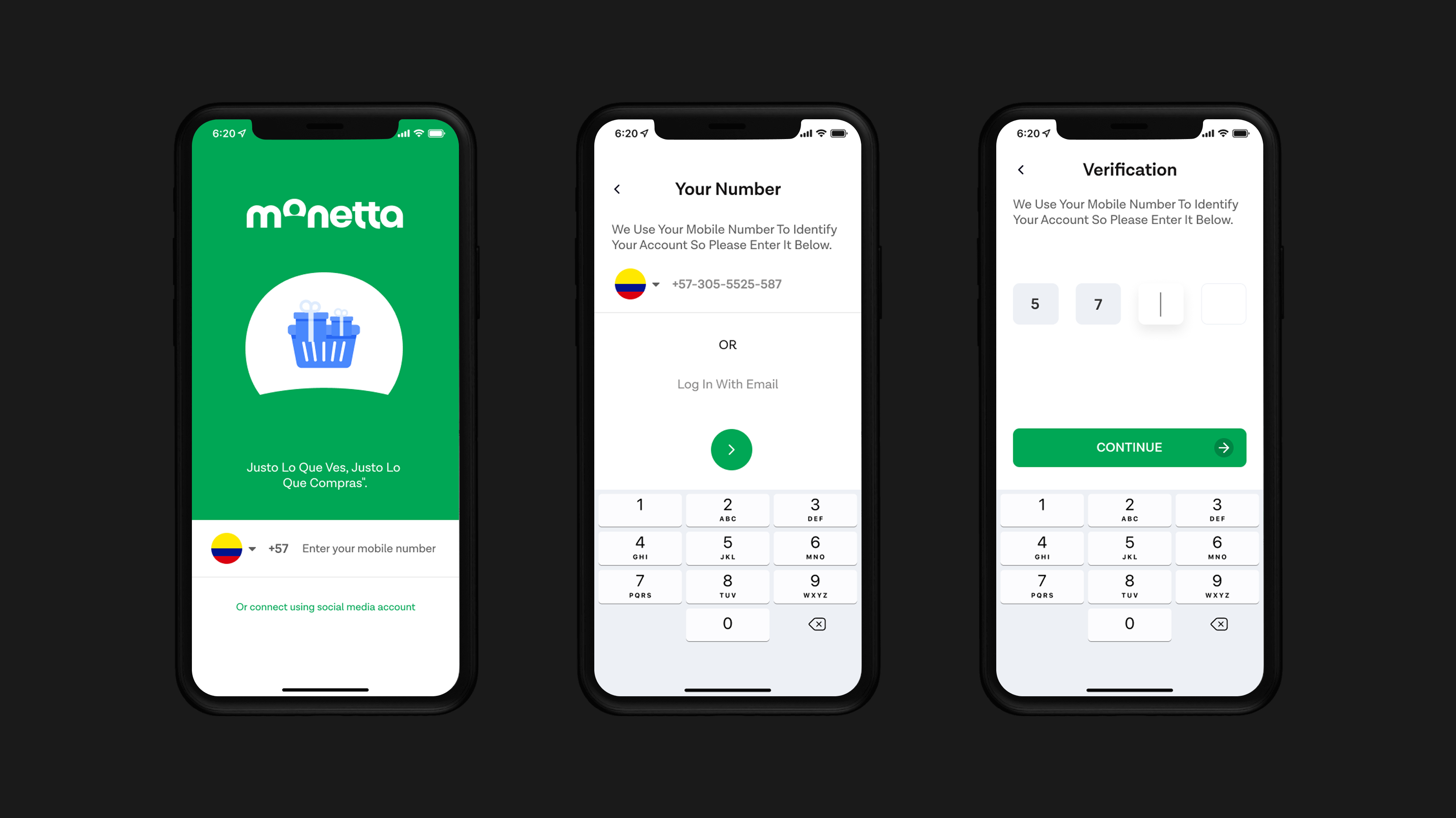Monetta onboarding flow: splash screen with branding, phone number entry, and verification code input