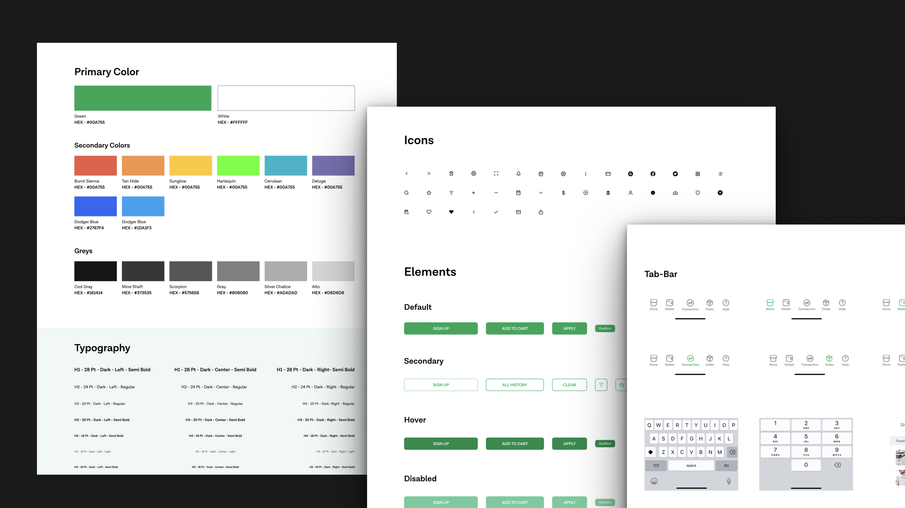 Monetta design system: primary and secondary color palettes, typography scale, icon set, UI elements