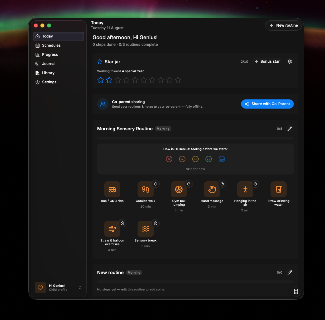 NeuroRoutine's Today screen: a star jar showing 2 of 10 stars earned toward a special treat, a co-parent sharing card, and a morning sensory routine of eight steps such as outside walk, gym ball jumping and hand massage, each with a duration.