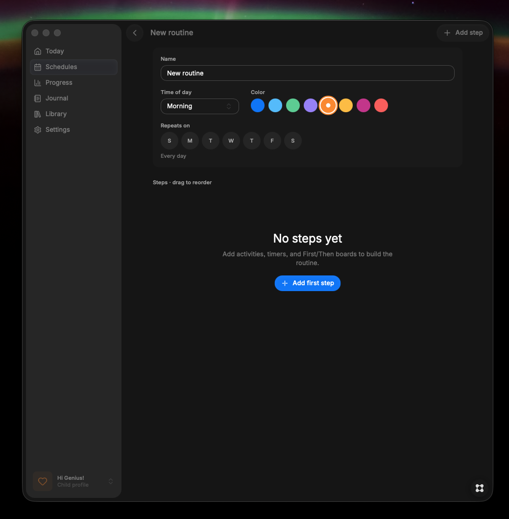 Add a goal dialog on the Progress Goals tab. Skill area dropdown set to Motor and a goal text field with placeholder text Drinks independently through a straw. Cancel and Add goal buttons.