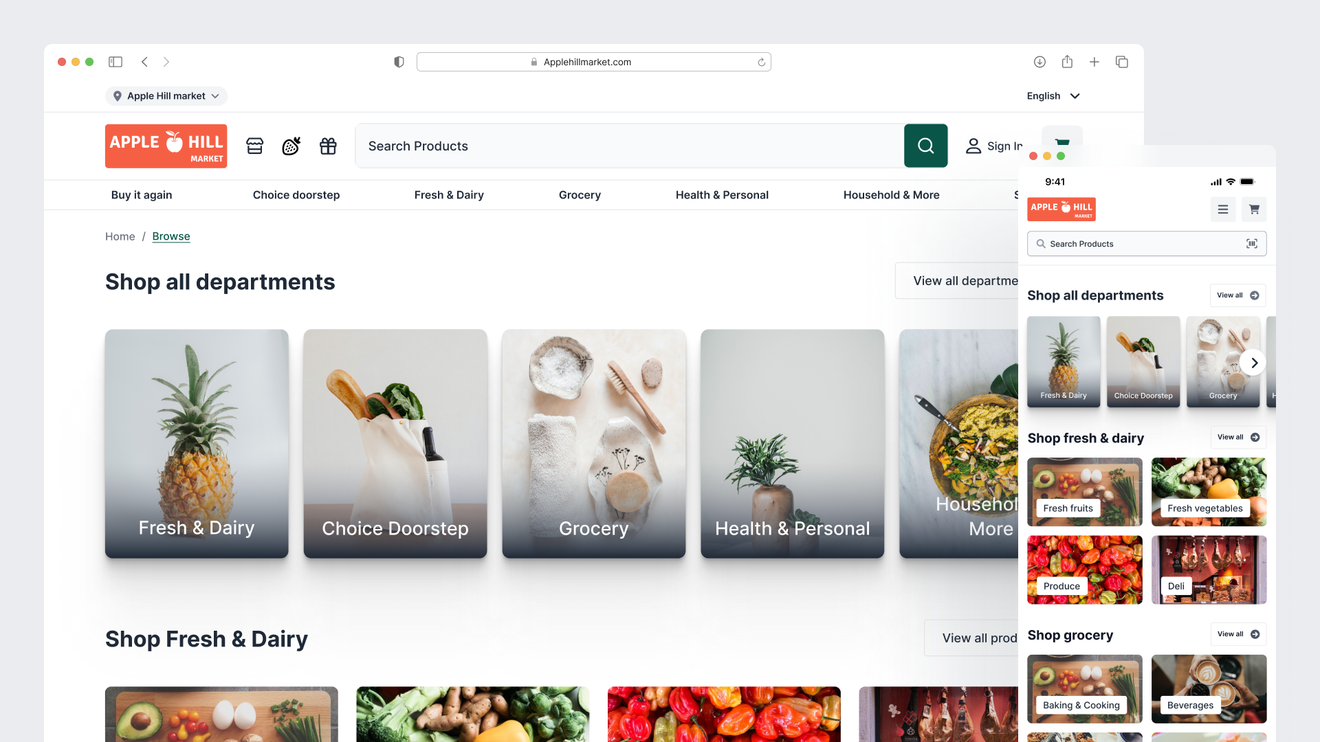 Side-by-side desktop and mobile views of the redesigned department browsing page.