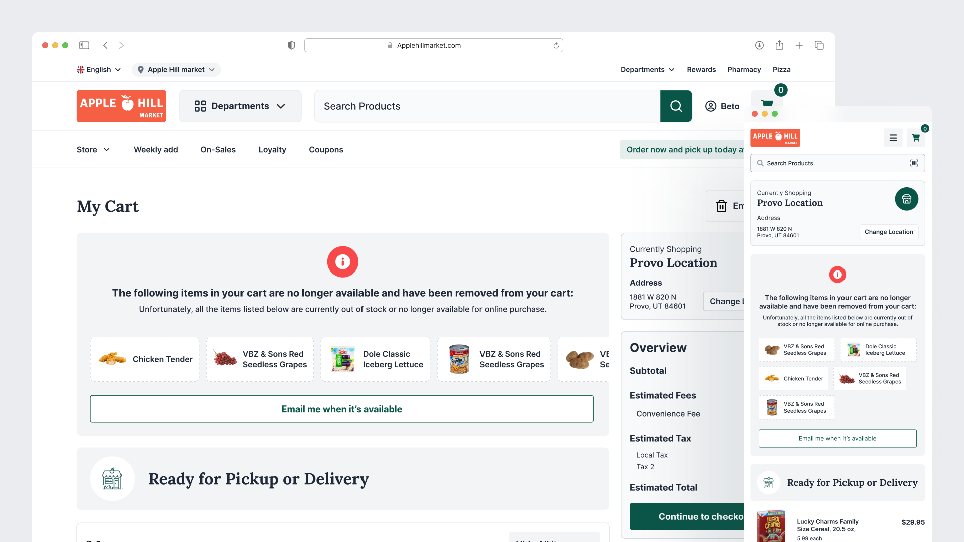 Cart page on desktop and mobile.