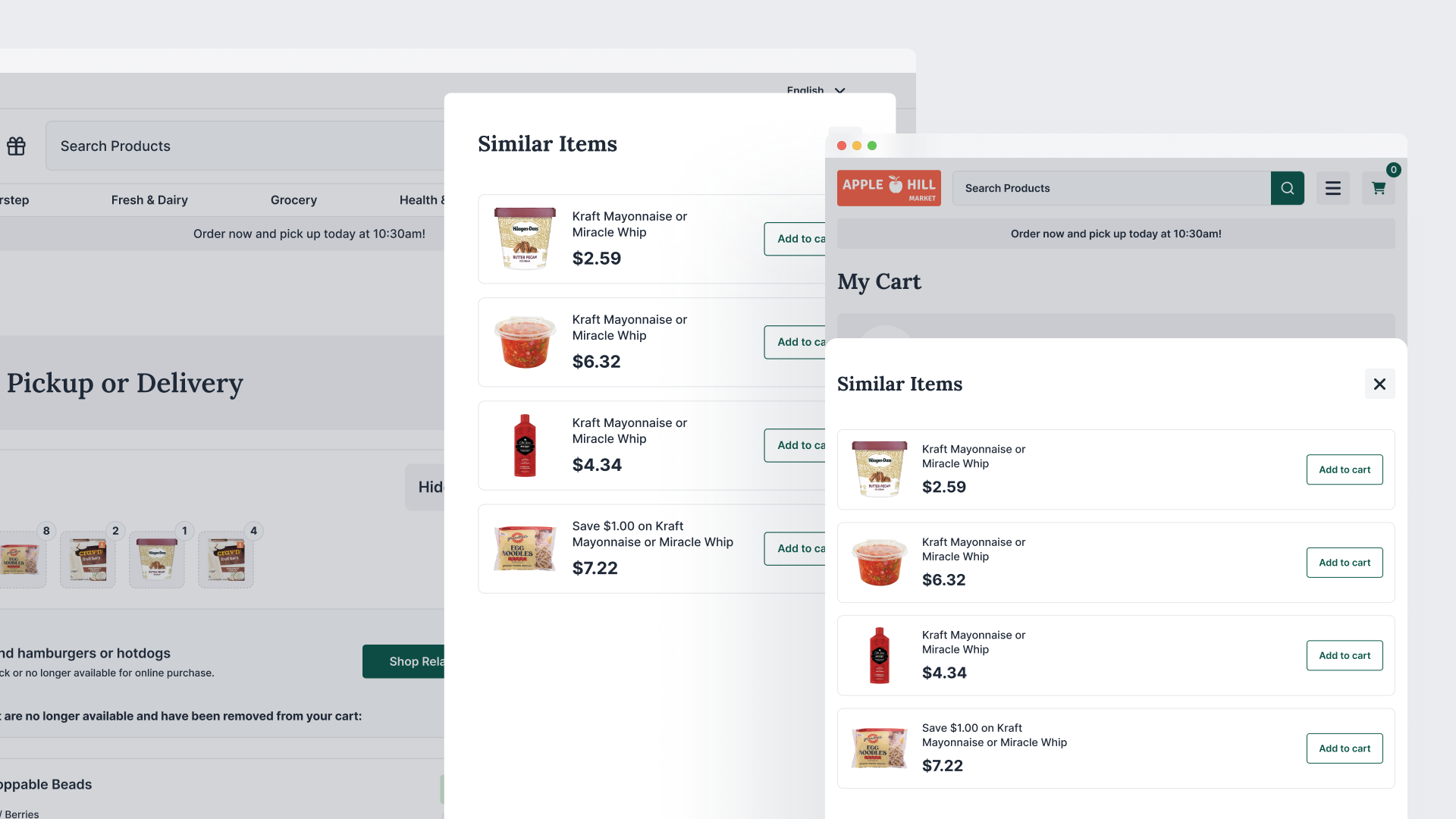 Substitution suggestions in the cart.