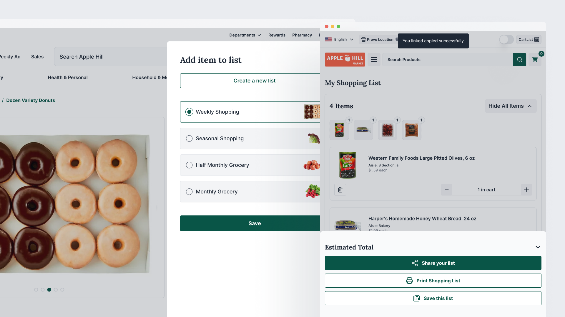 Shopping list and reordering flows.