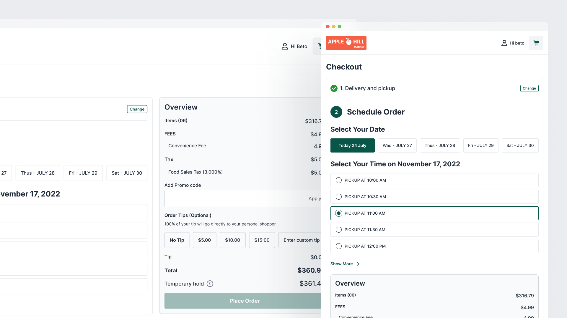 Checkout flow with a visual slot picker.