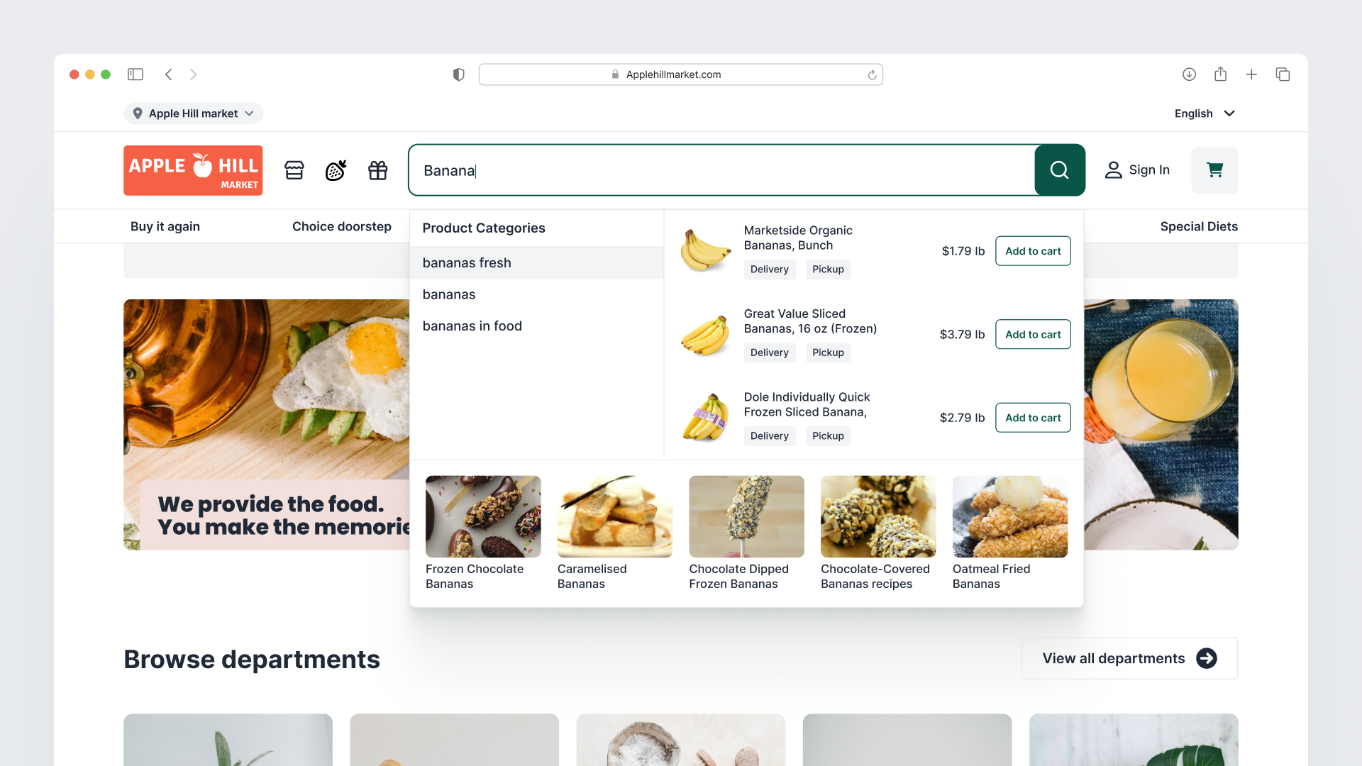Homepage search with live autocomplete.