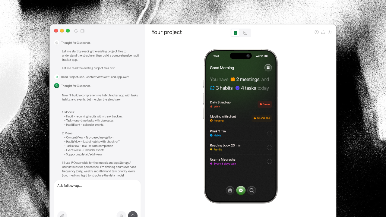 The UIGeek desktop app: a reasoning panel on the left reads the existing project files and plans the app's models and views, while an iPhone preview on the right shows the resulting habit tracker.