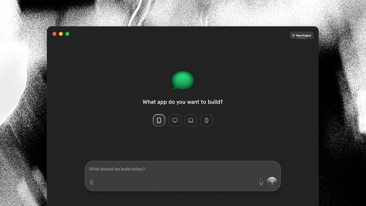 A dark UIGeek window asking 'What app do you want to build?' above a row of four platform targets: phone, desktop display, laptop and watch.